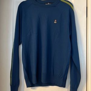 Like new! Men’s Psycho Bunny Blue with Green Stripe sleeve Merino Sweater